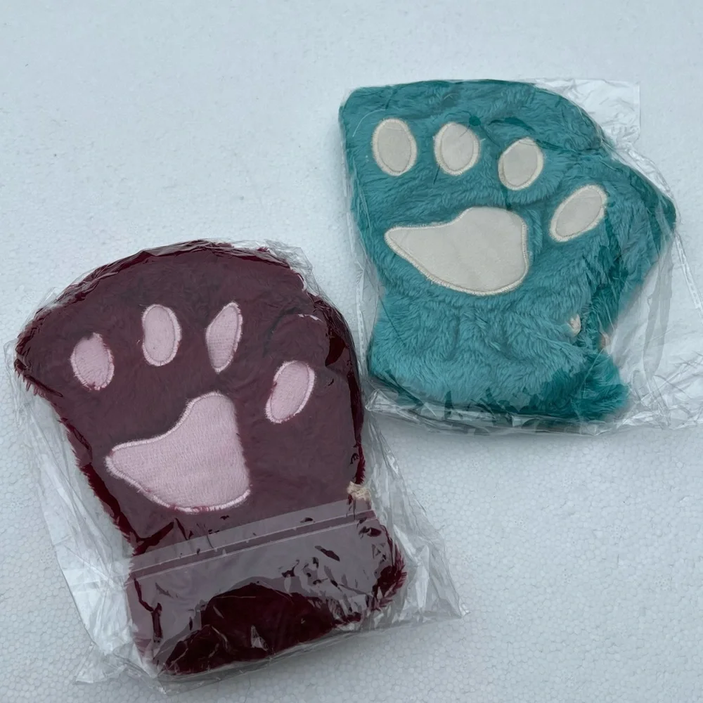 Super Soft Faux Fur Cat Bear Animal Paw Fingerless Gloves NEW Deadstock